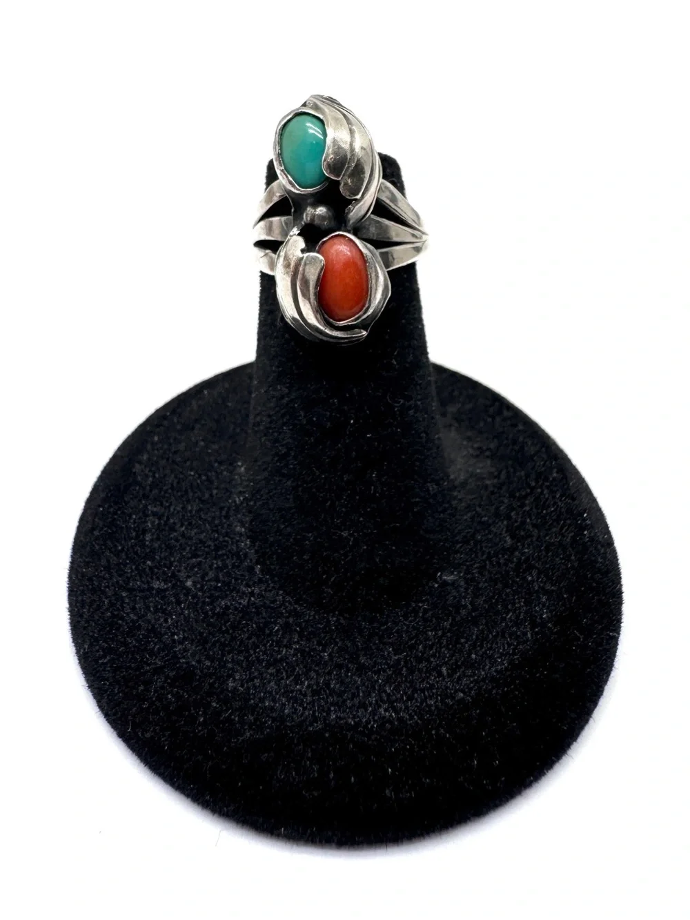 Vintage Sterling Silver Coral and Turquoise Ring Size 3 1/2